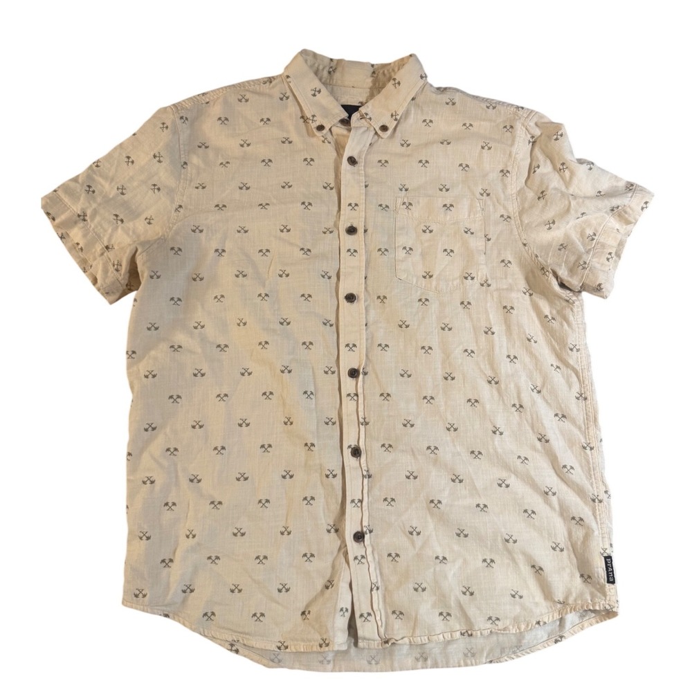 prAna Mens Short Sleeve Button Down Shirt Cream Palm Tree Print Large‎ L